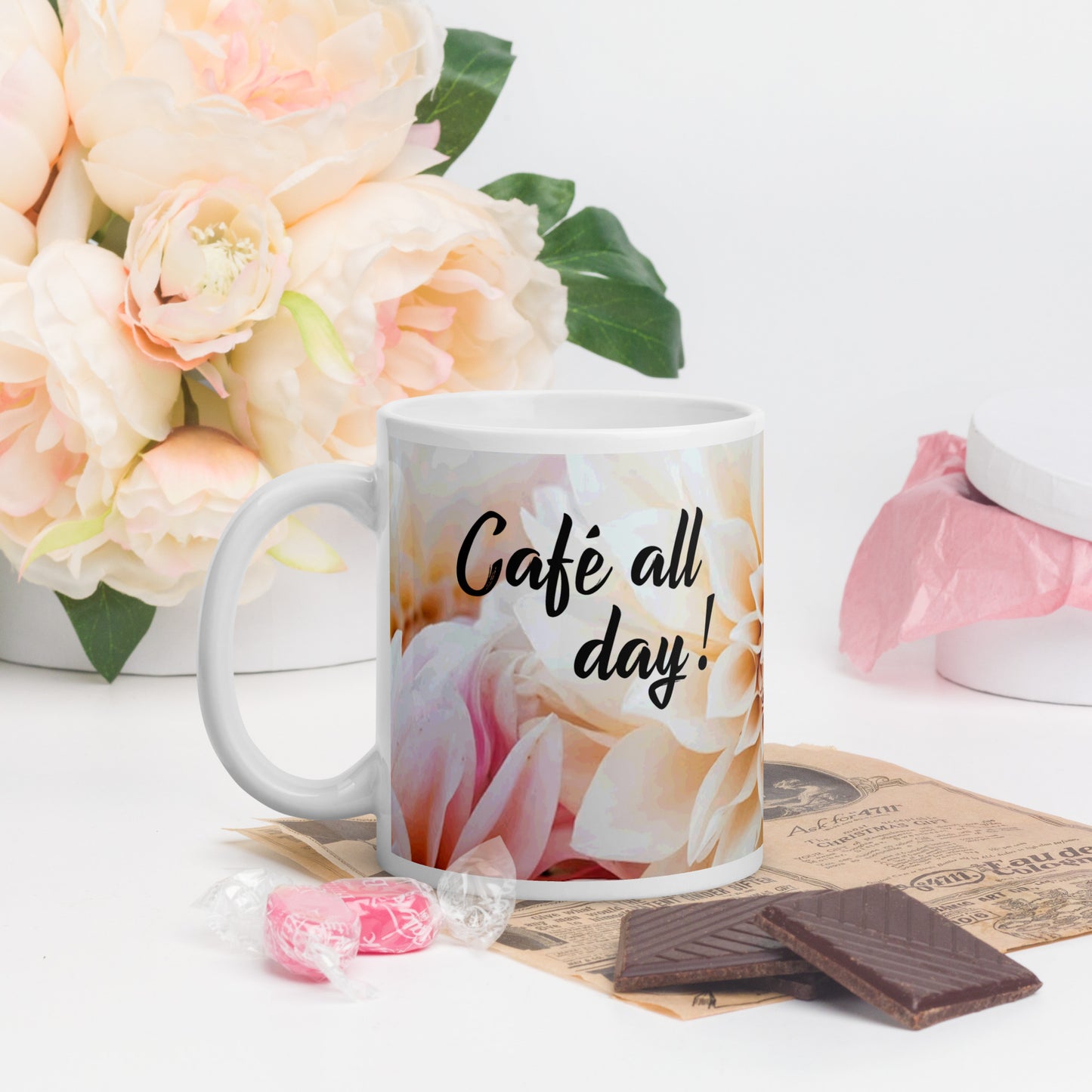 'Cafe all day!' White glossy mug- Cafe au Lait dahlia
