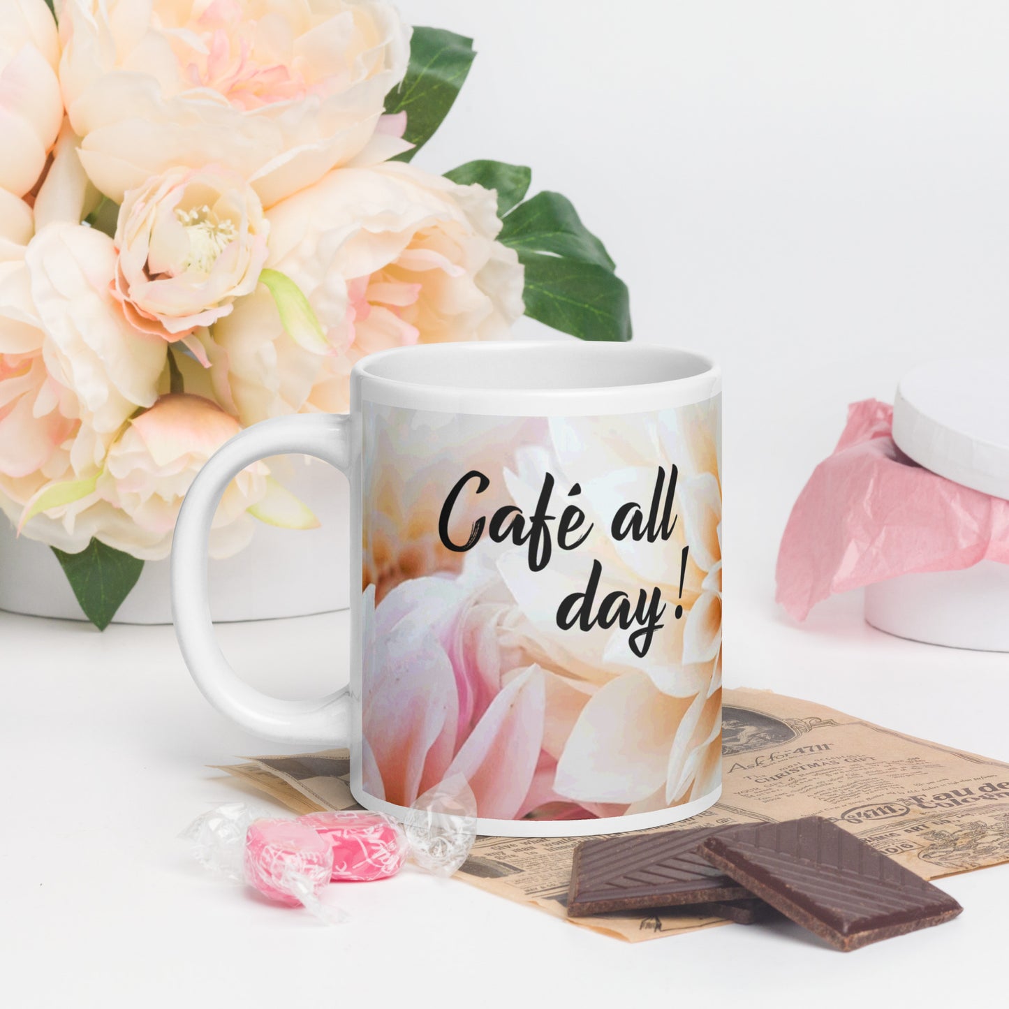 'Cafe all day!' White glossy mug- Cafe au Lait dahlia